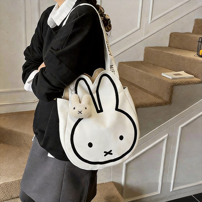 Túi Tote Công Suất Lớn Màu Trắng - Túi Đeo Vai Nữ Hình Miffy Dễ Thương, Túi Vải Đi Học, Đi Lại, Hàn Quốc