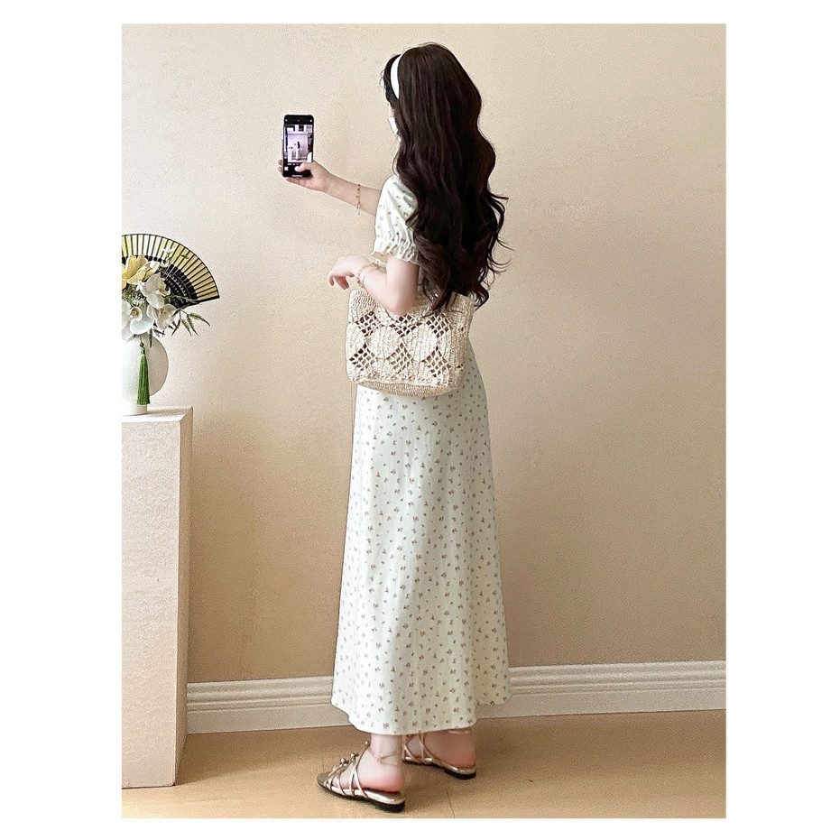 Váy bà bầu mùa hè từ cotton nguyên chất có họa tiết hoa, phiên bản Hàn Quốc