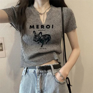Áo thun cổ chữ V nữ, tay ngắn, vai rộng, thiết kế gợi cảm phù hợp mùa hè