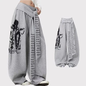 Quần Unisex phong cách mới thu đông, thiết kế thẳng có dây buộc in hình cá tính