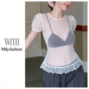 Milyfashion Áo Thun Mùa Hè Cổ Tròn Họa Tiết Chấm Bi, Tay Phồng