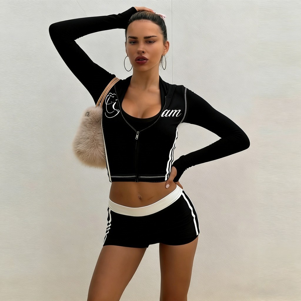 Cutenew In 2 Mảnh Bộ Dây Kéo Nữ Có Mũ Trùm Đầu Full Tay Crop Tops + Váy Chắp Vá Thể Thao Đơn Giản Giải Trí Thoải Mái Phù Hợp Với