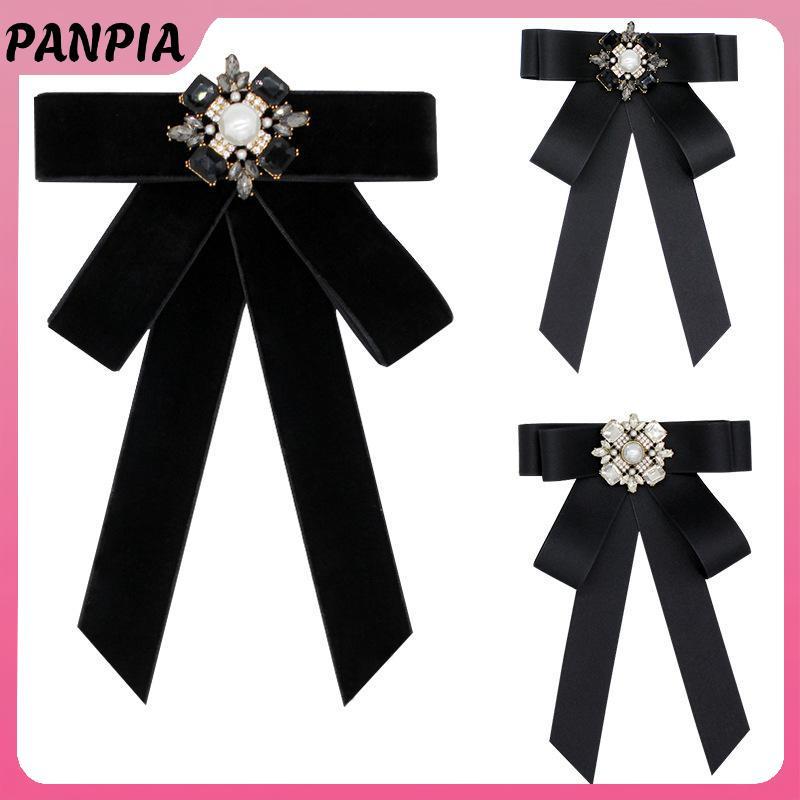 PNPIA- Vải Đen Nơ Thổ Cẩm Dành Cho Nữ Phong Cách Đại Học Cổ Hoa Ve Áo Chân Pha Lê Cà Vạt Trang Sức Thời Trang Quà Tặng