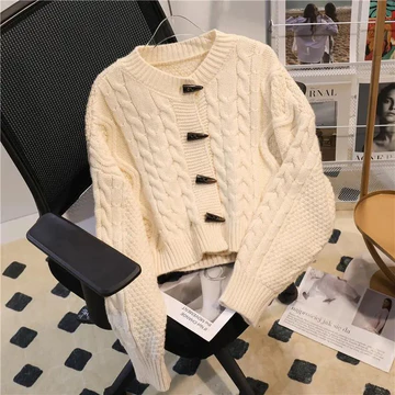 Áo khoác cardigan Feifei, áo len ngắn cho nữ, áo khoác mùa thu đông , phong cách mới, áo khoác có nút sừng