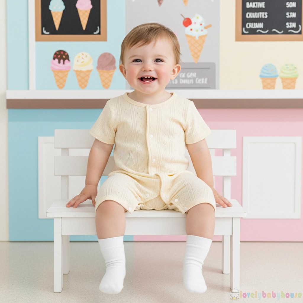 LBH-Baby Girl Cổ Tròn Mùa Hè Màu Trơn Tay Ngắn Nút Đan Áo Liền Quần