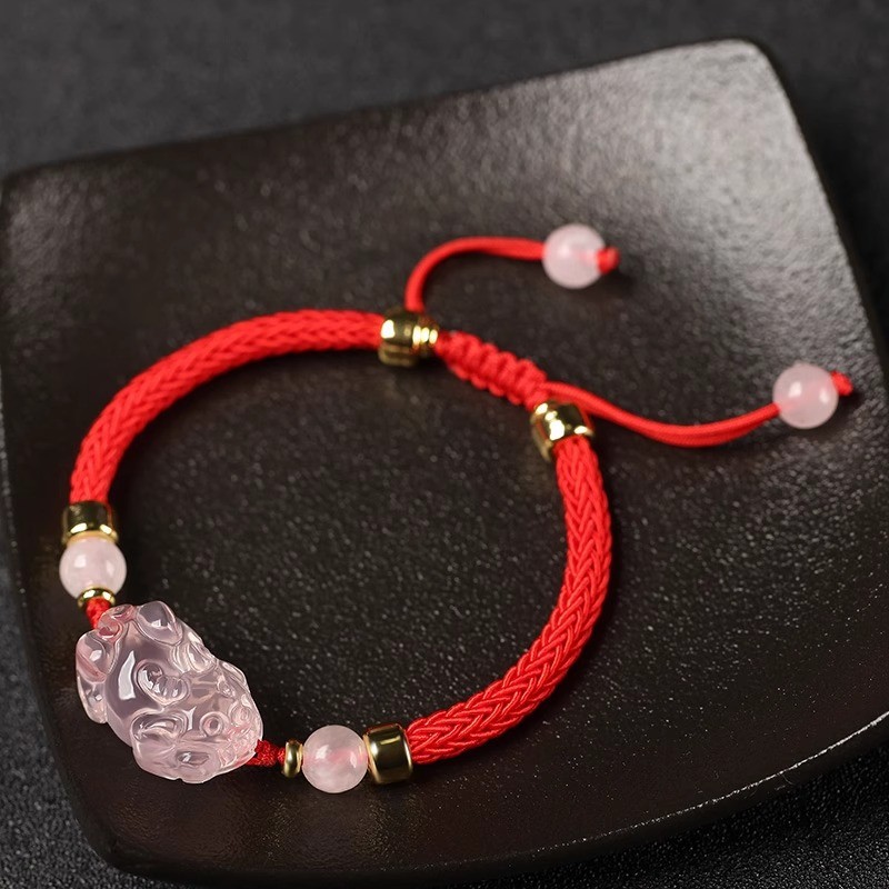 Vòng tay Pixiu may mắn pha lê hồng tự nhiên