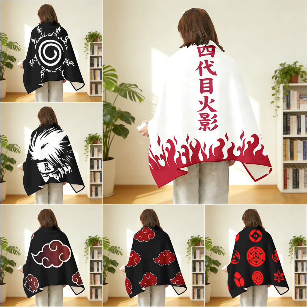 Chăn có nút bấm NARUTO Logo Flannel, Khăn choàng Flannel đa chức năng Akatsuki, có thể đeo để sử dụng tại văn phòng, Thiết bị du lịch ngoài trời.