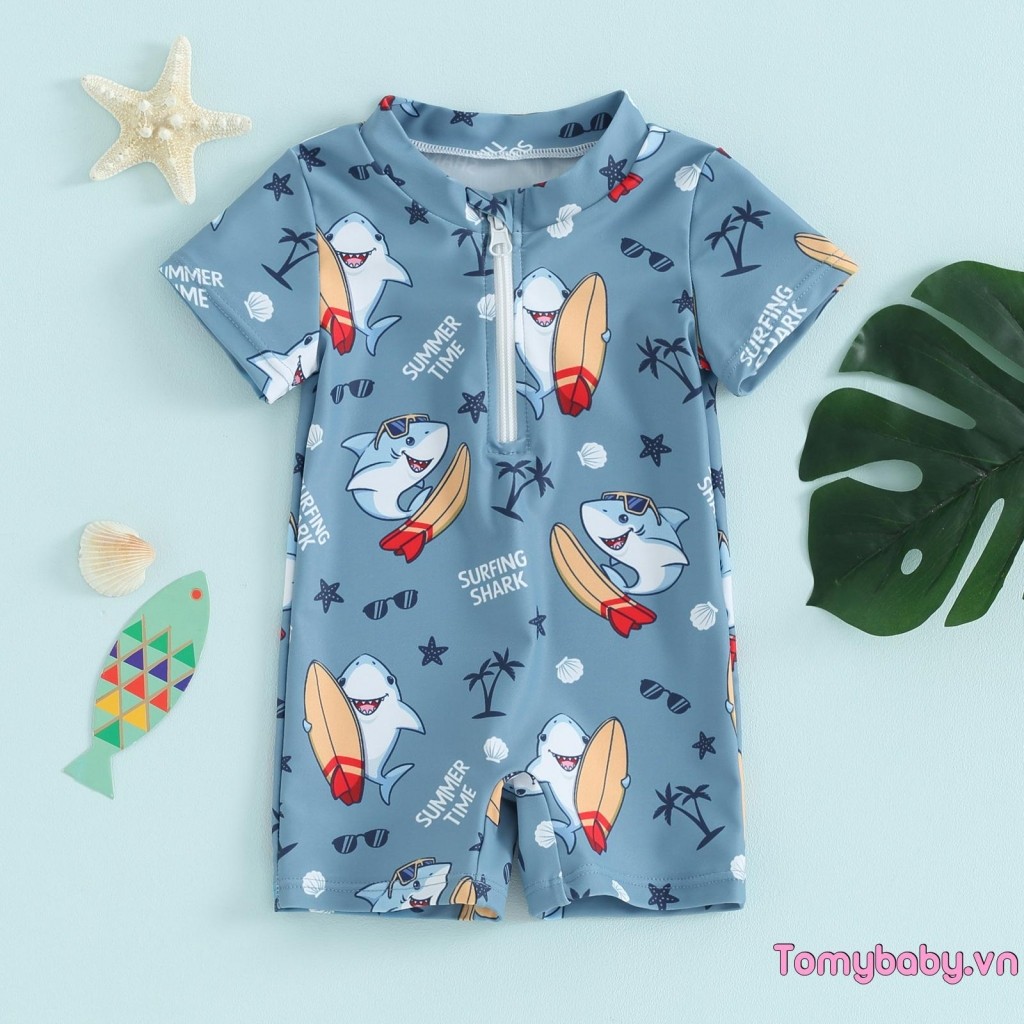 Trẻ mới biết đi Bé trai Rash Guard Đồ bơi Hoạt hình Marine Life In tay ngắn Dây kéo phía trước Bộ đồ tắm