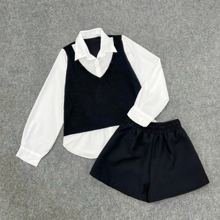 Set Sơ Mi Bigsize Nữ Áo Sơ Mi Kiểu Gile Công Sở Phối Quần Đùi Lưng Chun Cho Chubby 50-95kg SET944