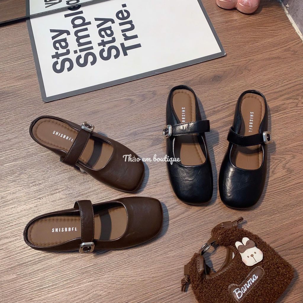 [Thảo Em - SB115 ] Sục bệt marry jane mũi vuông đế bệt da lì mềm, quai ngang phối khoá trắng basic