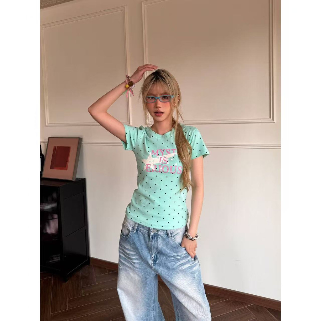 Áo Thun Đầm polka dot cổ tròn phong cách Hàn Quốc, chính hãng, phù hợp mặc hàng ngày mùa hè