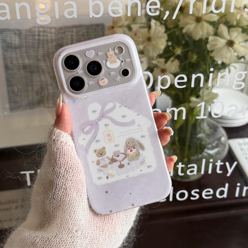 Vỏ cứng dạng bột lấp lánh Tương thích với iPhone 13 14 14Pro 14ProMax 15 15Pro 15ProMax 16 16Pro 16ProMax 17 17Pro 17ProMax Ốp họa tiết gấu nơ tím