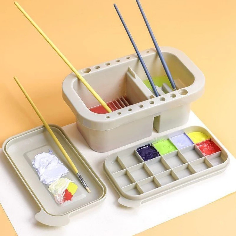 Xô rửa cọ vẽ pha đựng màu nước 3 chức năng,có nắp khay rửa làm sạch cọ vẽ đa năng tiện lợi