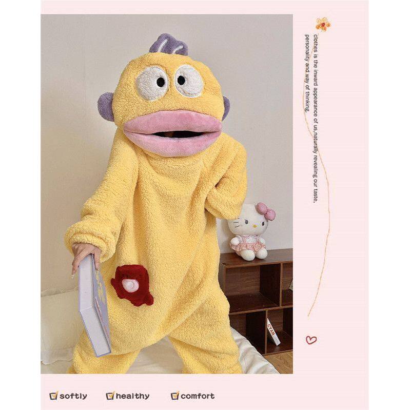 🔥 Trang phục dự tiệc 🔥 có hàng sẵn Bộ đồ onesies mặc nhà ấm áp 2026 Bộ Đồ Ngủ Màu Vàng Cá Chú Hề, Flannel Cực Dày và Lông Cừu San Hô, Phù Hợp Thu Đông