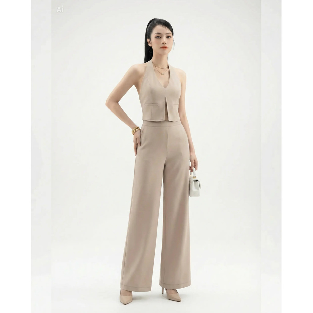 Set Áo Quần Áo Dạng Yếm SHI Nữ Cổ V Quần Ống Rộng Lưng Chun Màu Be
