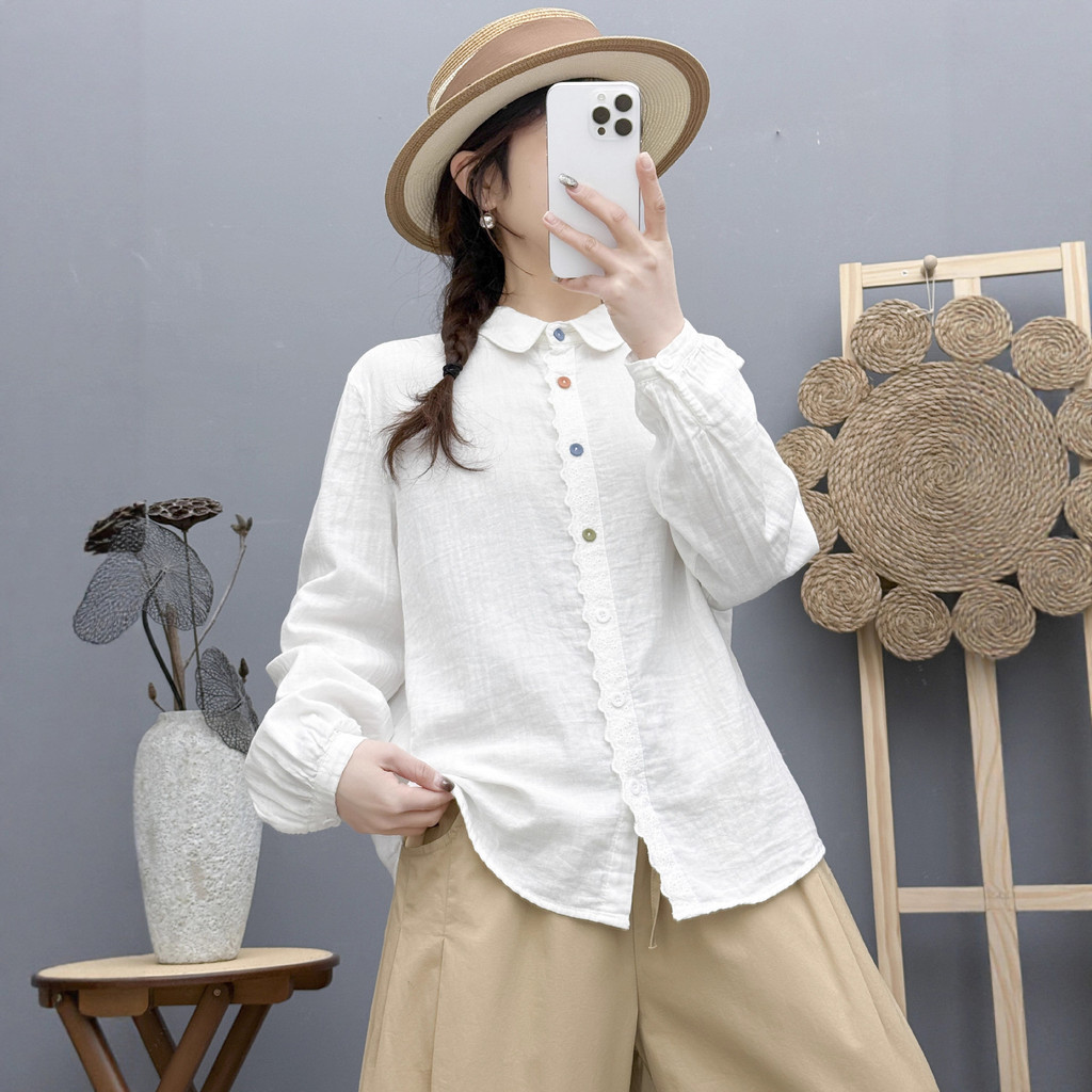 Áo sơ mi nữ thu đông mới, 100% cotton chất lượng cao, cổ tròn màu trơn tay dài, thiết kế đơn giản và thoải mái