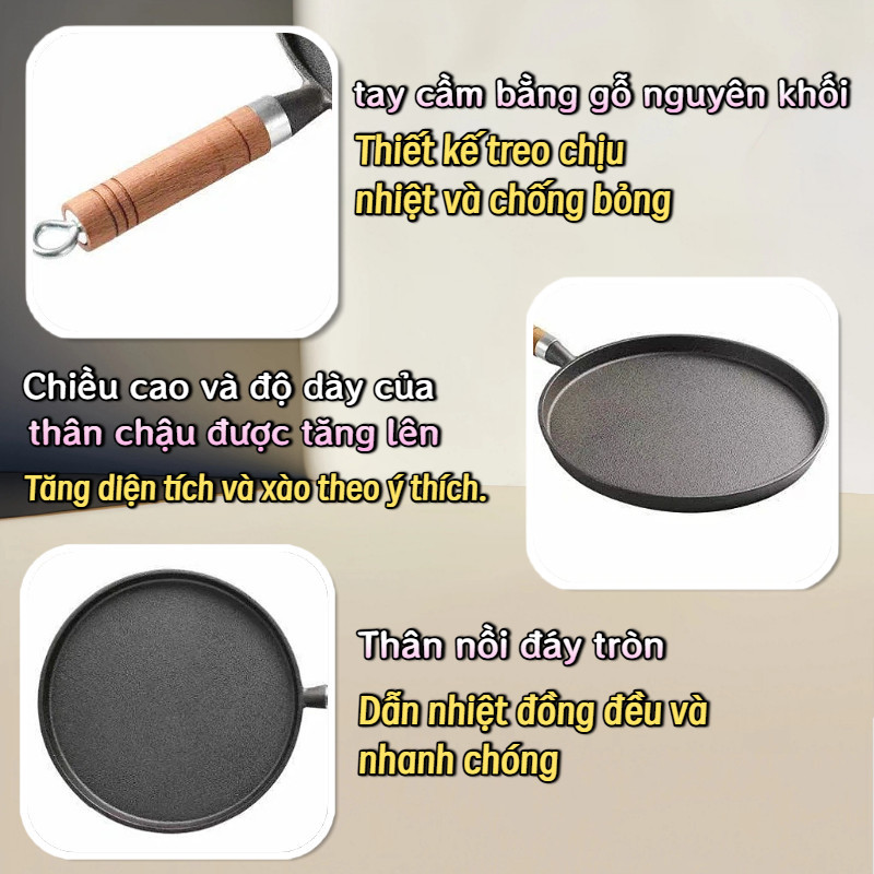 Chảo gang thủ công 20cm, chống dính tự nhiên, đáy bằng, dùng bánh xèo, bít tết, mọi bếp