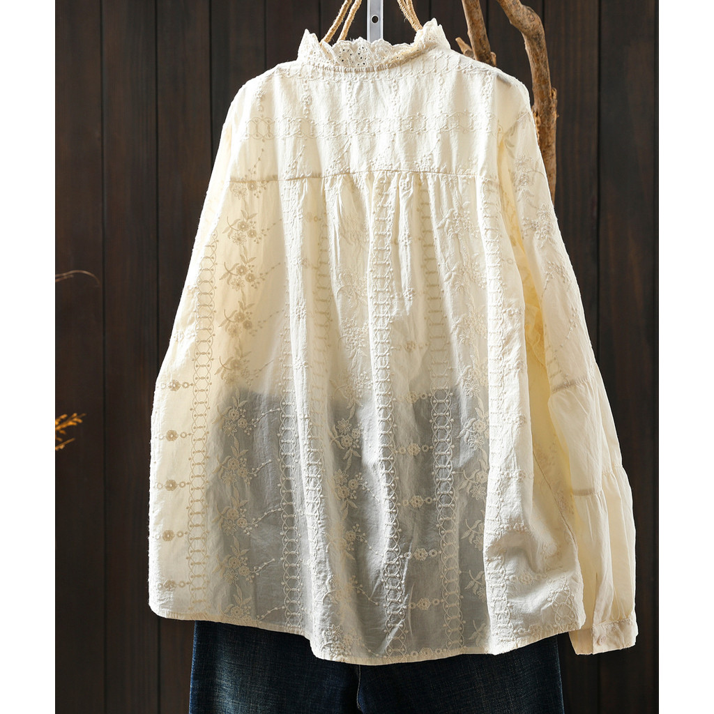 Áo sơ mi nữ Standing Collar màu be và xanh, ren thêu, họa tiết xếp ly từ nhãn hiệu uy tín, made from pure cotton