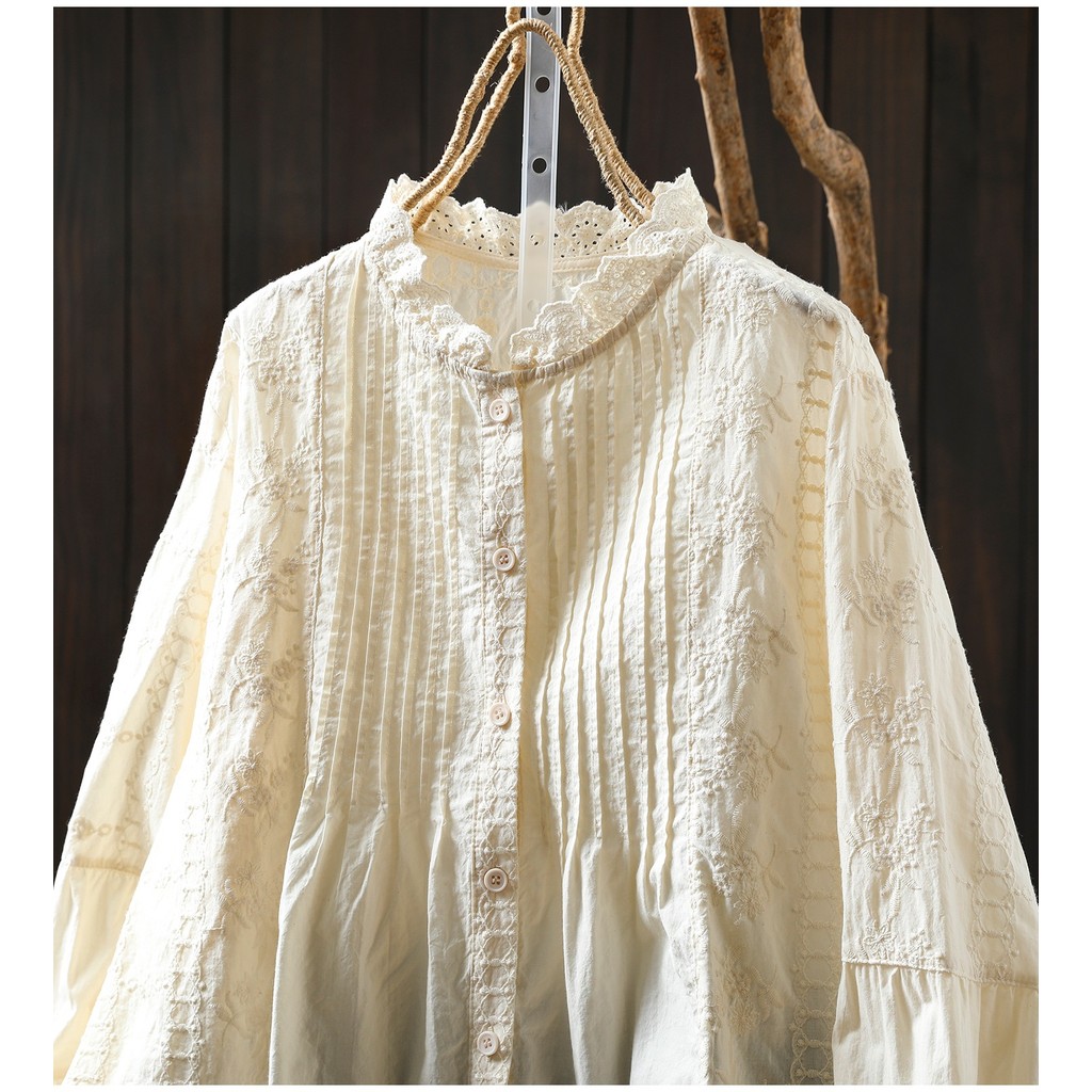 Áo sơ mi nữ Standing Collar màu be và xanh, ren thêu, họa tiết xếp ly từ nhãn hiệu uy tín, made from pure cotton
