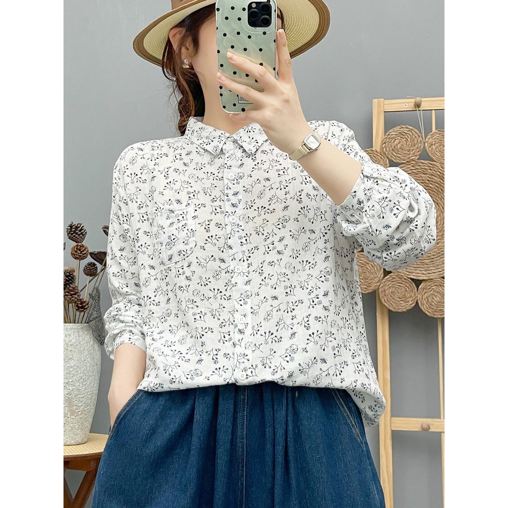 Áo sơ mi nữ cotton, họa tiết văn học cổ điển, thiết kế thoáng khí