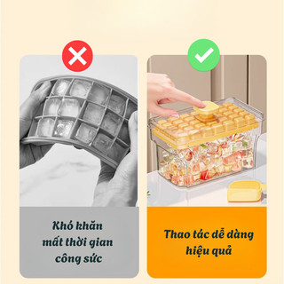 Khay Làm Đá Viên 64 Ô 2 Tầng Có Nắp Nhấn Tiện Lợi, Hộp Làm Đá Thông Minh Chống Mùi, Dễ Dàng Lấy Đá