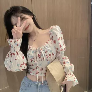 Áo sơ mi hoa nữ dángcrop eo cao, thiết kế dễ thương