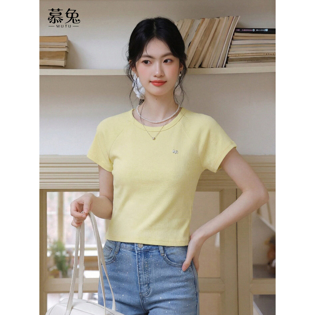 Mutu Áo Sơ Mi Vàng Ngọt Ngào Vai Ngắn Cho Nữ, Slim-Fit Ôm Body, Thích Hợp Mùa Hè