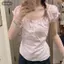 Thiết kế vải lanh Cotton phong cách mới Slim-fit Hot Girl Sweet Bubble Top Áo ngắn tay ngắn Áo thun giảm tuổi mùa hè-