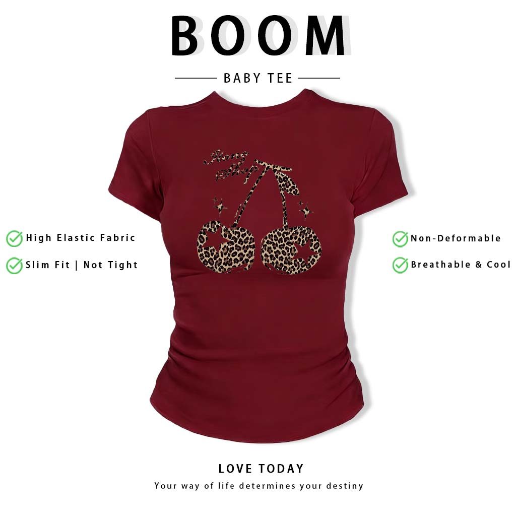 BOOM Áo Baby Tee Nữ Cotton Ôm Body-Áo Thun Ngắn Tay Y2K In Hình PhongCách Mùa Hè, Cổ Tròn Hàng Đầucách hàn quốc phongQ48
