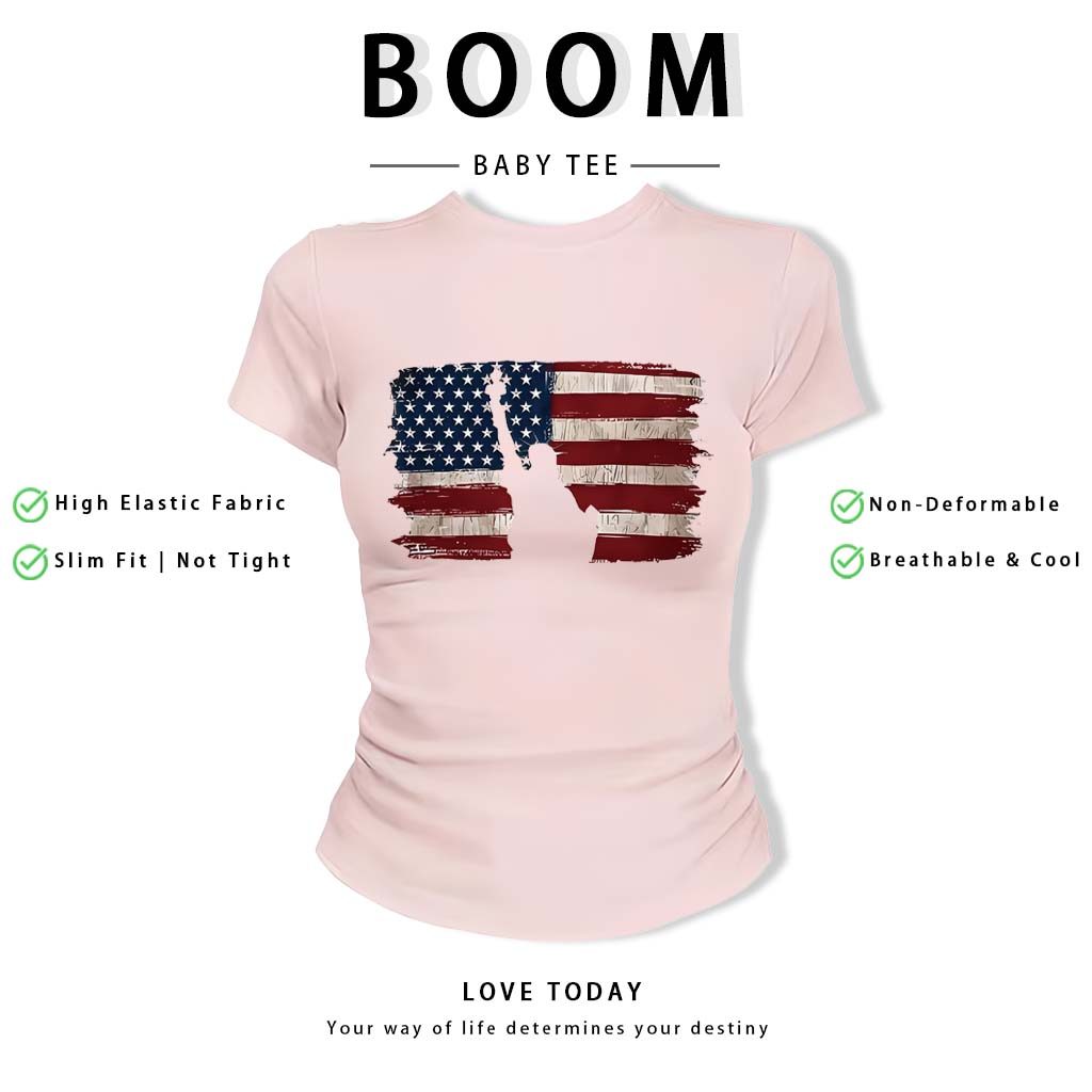 BOOM Áo Baby Tee Nữ Cotton Ôm Body-Áo Thun Ngắn Tay Y2K In Hình PhongCách Mùa Hè, Cổ Tròn Hàng Đầucách hàn quốc phongQ43