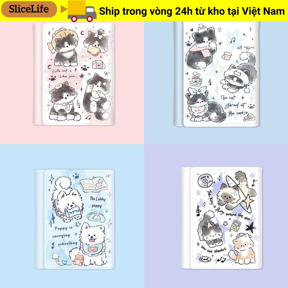Ví đựng tiền xu SLICELLIFE, Chó mèo con dễ thương 3 lần Thẻ tín dụng Holoder, Túi đựng tiền kiểu INS bằng da PU đơn giản dành cho bé gái Quà tặng học sinh