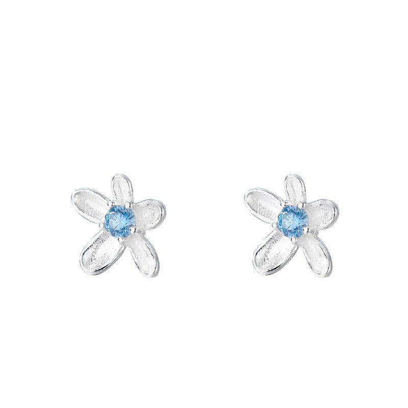 Bông tai hoa zircon màu xanh bạc nguyên chất 999