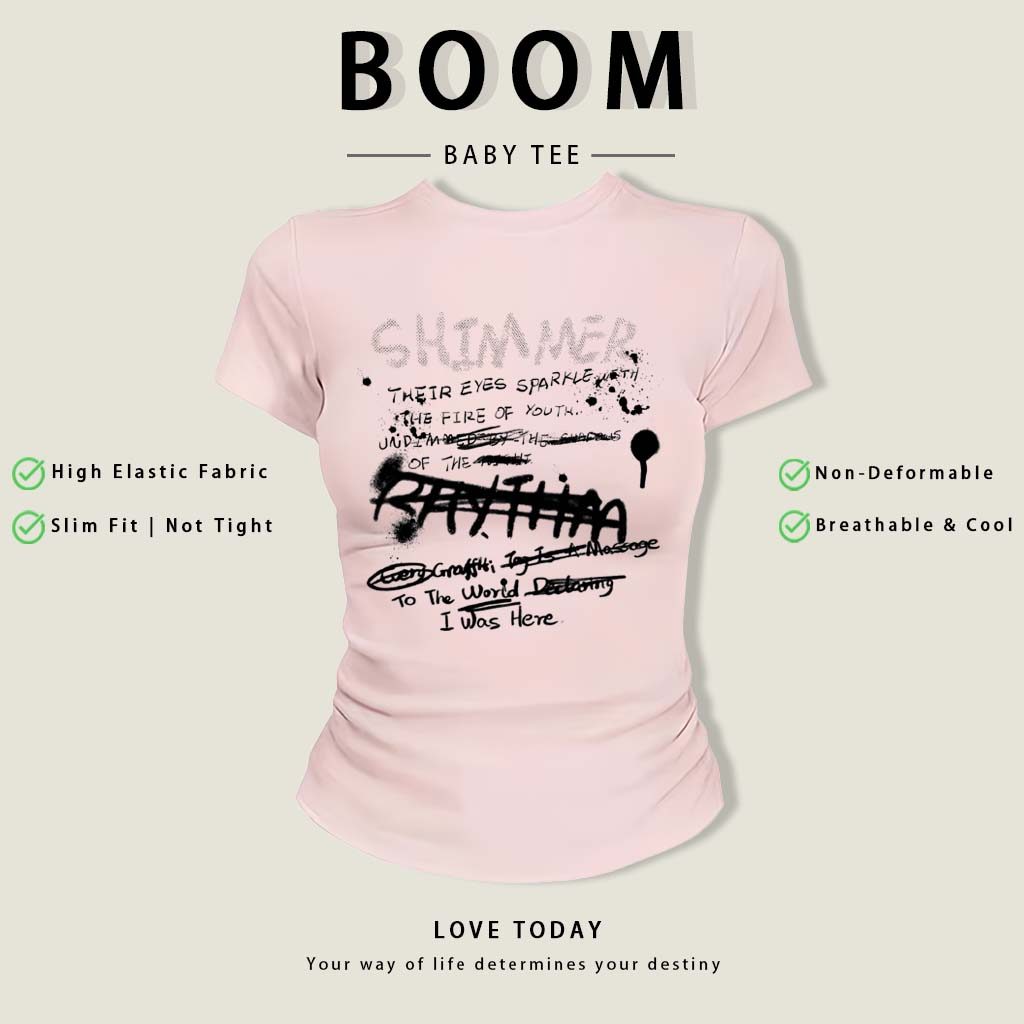 BOOM Áo Baby Tee Nữ Cotton Ôm Body-Áo Thun Ngắn Tay Y2K In Hình PhongCách Mùa Hè, Cổ Tròn Hàng Đầucách hàn quốc phongW77