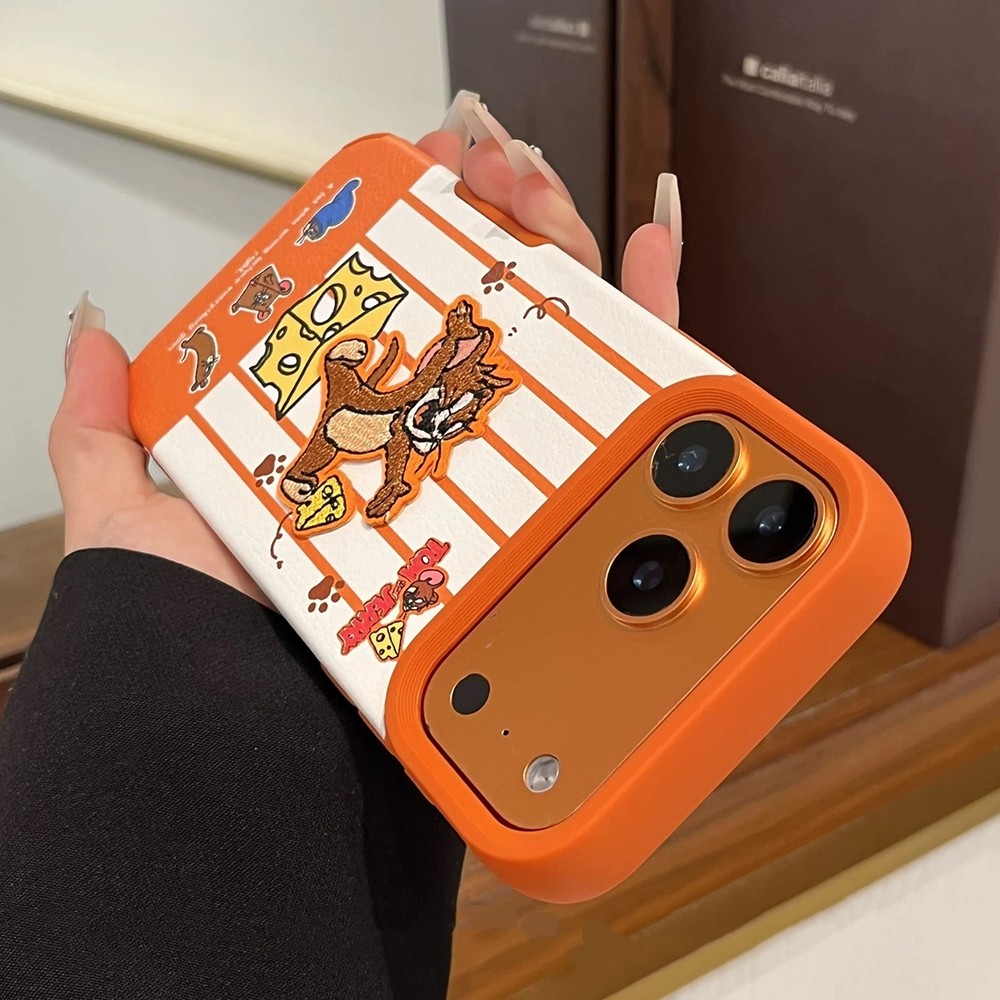 3D Thêu Chuột Mèo Sọc Cam Da Điện Thoại Cho iPhone 17 Pro Max 16 15 14 13 12 Vỏ Bảo Vệ Chống Sốc