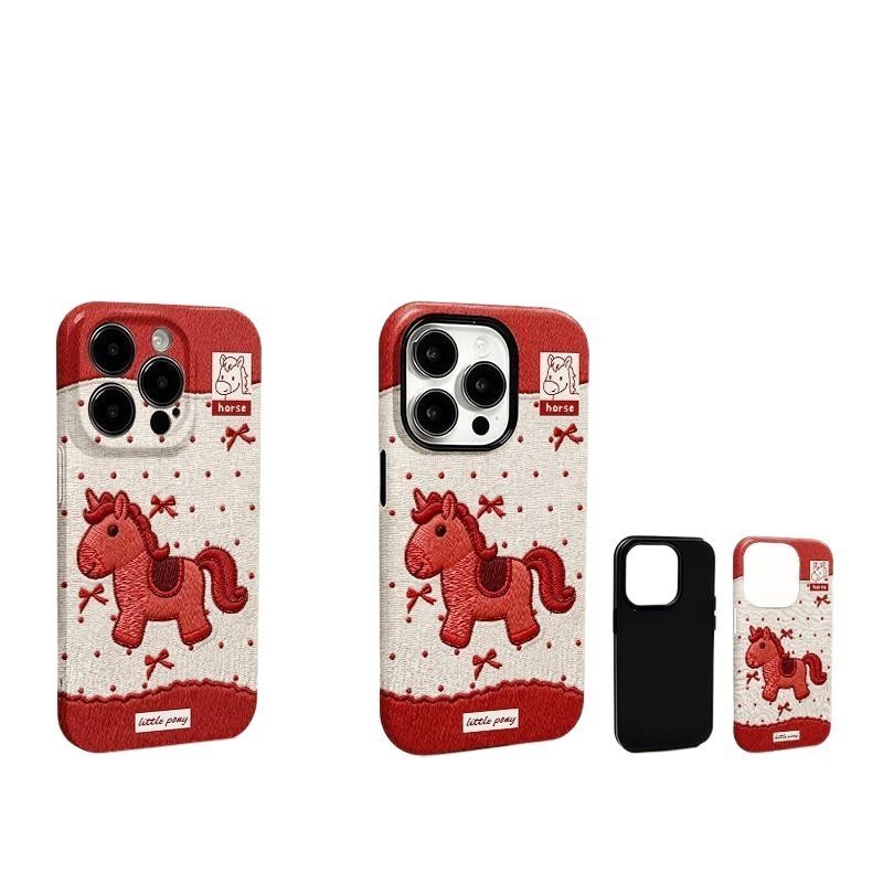 Ngựa chấm bi màu đỏ Thích hợp cho 17promax Phim hoạt hình dễ thương iPhone16pro Ống kính trọn gói 15 phong cách mới 1