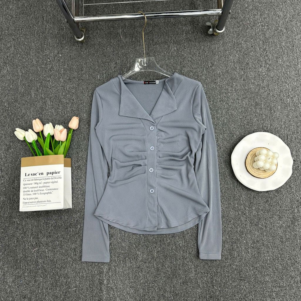 Áo Thun Nữ Tay Dài Cổ Bẻ Bigsize ESHOP Áo Thun Thiết Kế Cài Nút Thun Gân Tăm Co Giãn Thoải Mái MS535