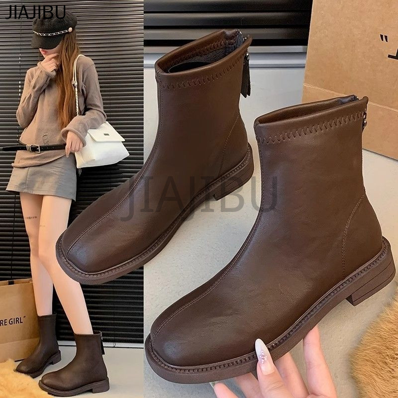size 35-42 Giày bốt Chelsea kiểu Anh cổ điển, mũi tròn, đế dày, khóa kéo, chống trượt, màu nâu và đen Giày nữ cỡ lớn chất lượng cao Giày bốt mùa đông lót bông màu be kiểu Lolita Nhật Bản dành cho nữ (JK) kiểu dáng thường ngày Korean platform leather boots