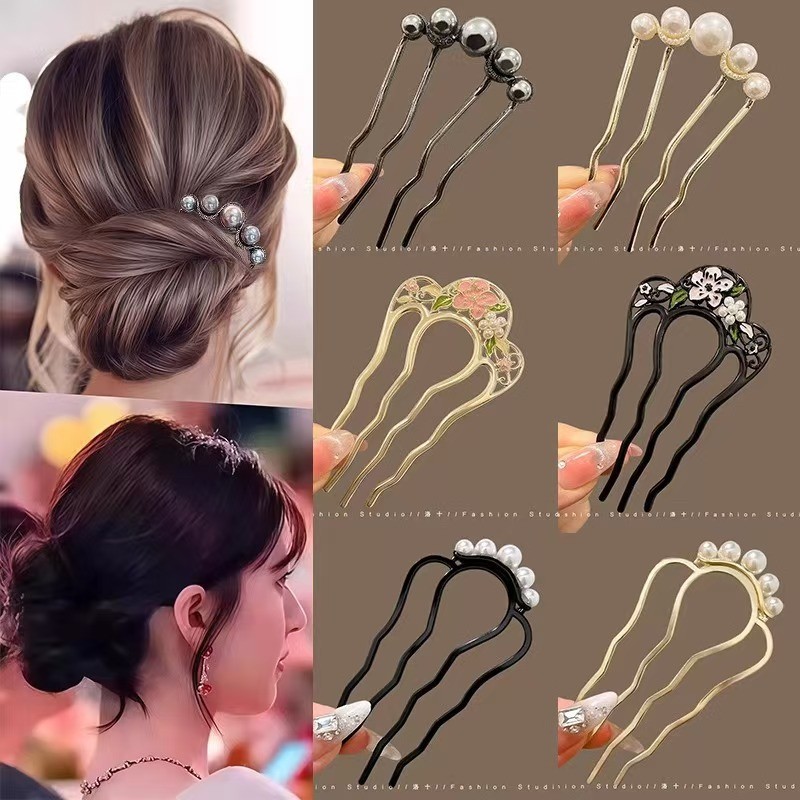 Kẹp tóc hình chữ U ngọc trai bốn gót chèn lược - Dụng cụ tiện lợi để cố định và làm đẹp mái tóc