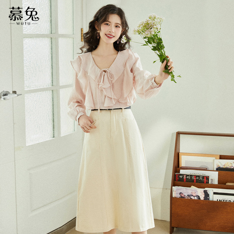 Váy chữ A Mutu nữ phong cách Pháp, eo cao, phù hợp chụp ảnh