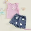Bộ trang phục 2 món dành cho bé gái Áo cổ tròn không tay đính hoa + Bộ quần short Denim