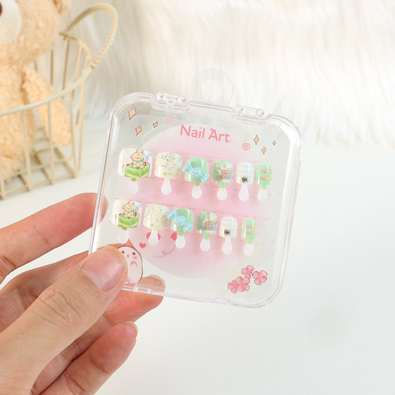 Sweet Kids Press On Nails Handmade Với Ngọc Trai Có Thể Tháo Rời Hoạt Hình Móng Tay Giả Dễ Thương Nhân Tạo Đầu Móng Tay Cho Bé Gái Và Nữ