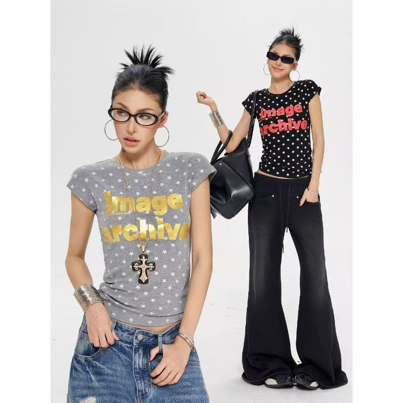Milyfashion Slim-fit Slimmer Look Mùa Hè Phong Cách Mới Retro Chữ Ngôi Sao In Hình Ngắn Tay T Ngắn Top Bé tee Quần Áo Nữ