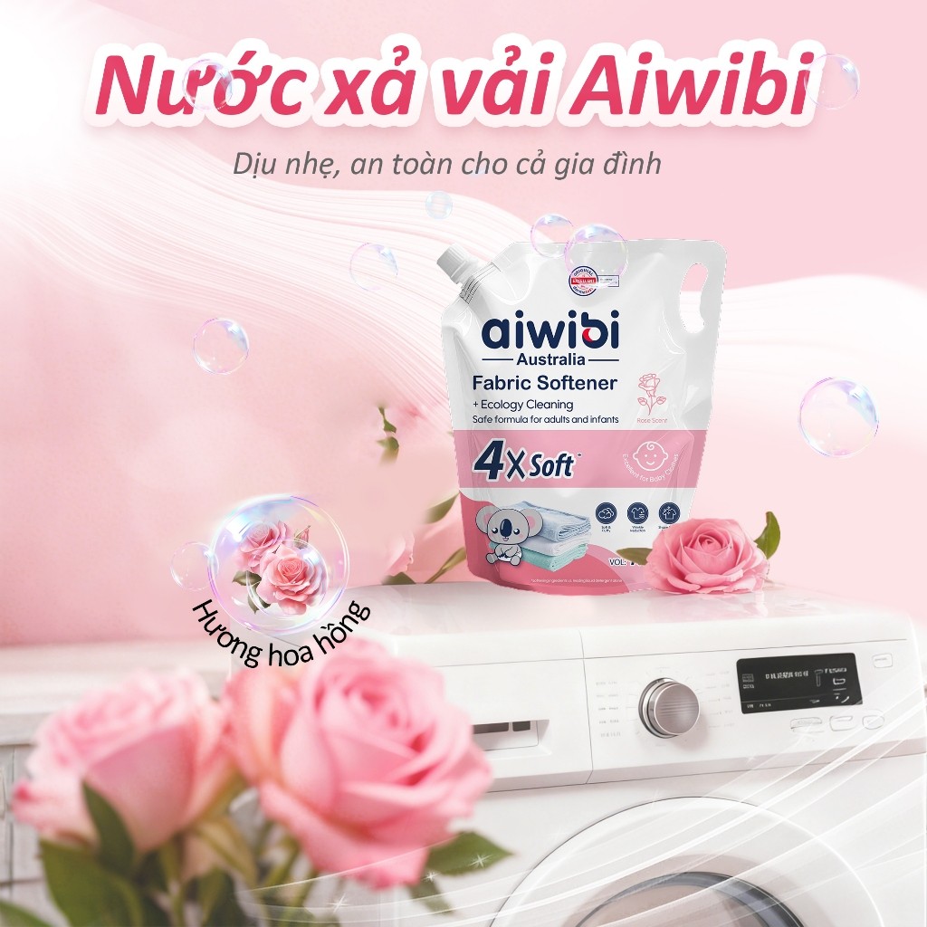 Nước Xả Vải Aiwibi Cho Quần Áo Mềm Mại, Dịu Nhẹ, Hương Hoa Hồng (1600ml)