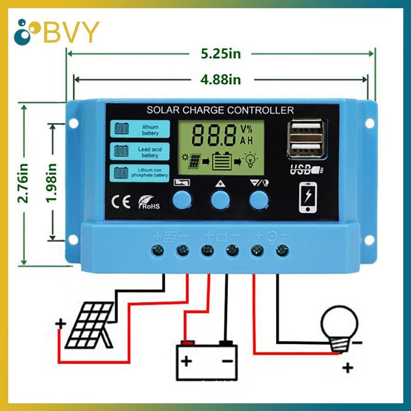 BVY 30A 20A 10A Bộ điều khiển sạc năng lượng mặt trời 12V 24V Bảng điều khiển LCD PV bảng điều khiển năng lượng mặt trời tự động cho pin chì, USB kép.