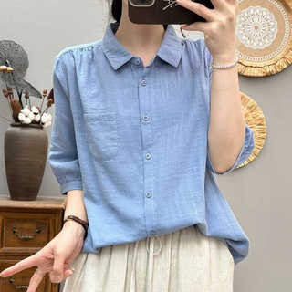 Sẵn sàng - Áo sơ mi nữ 100% cotton mùa hè mới, tay ngắn