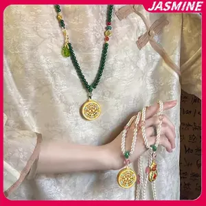 JASMINE Phong Cách Dân Tộc Rỗng Khắc Luy Túi Mặt Dây Chuyền Xanh Giả Ngọc Handmade Đính Hạt Dài Nelace JASMINE