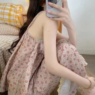 Bộ đồ ngủ in hoa vintage mùa hè có đệm ngực và dây đeo dành cho nữ kiểu trẻ trung thoải mái