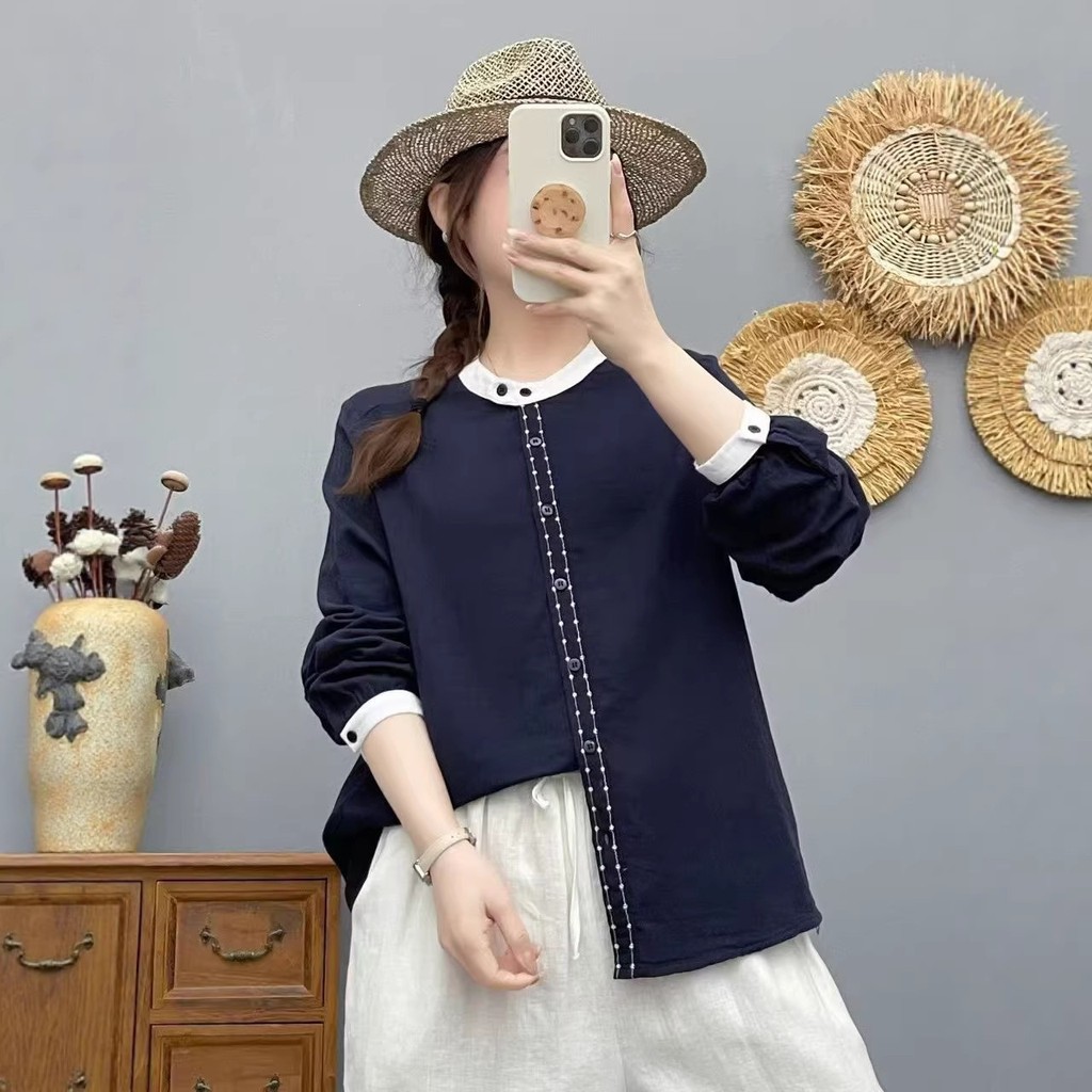 Sơ mi nữ cotton chất lượng cao, dáng rộng màu tương phản, style đại học