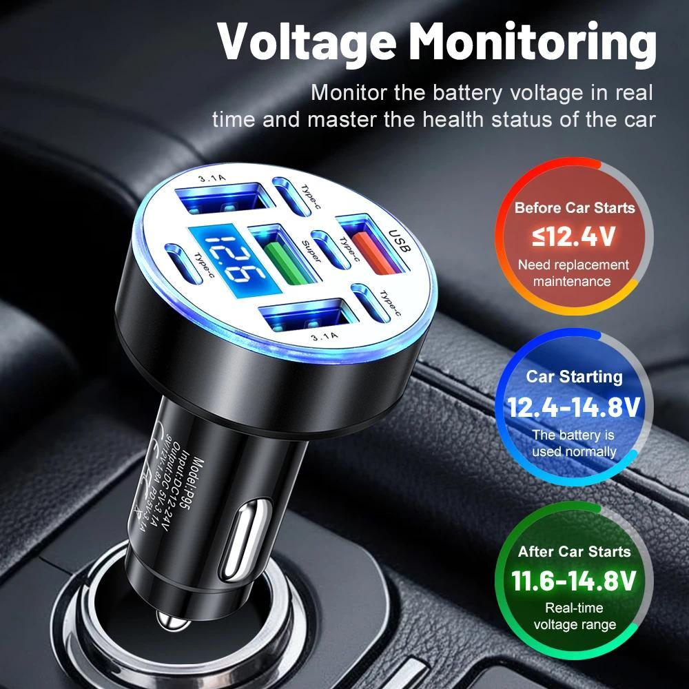 Ổ cắm sạc ô tô 8 trong 1 Bộ chuyển đổi nguồn sạc nhanh PD / QC / SCP Bộ sạc nhẹ thuốc lá ô tô với đèn LED Vôn kế kỹ thuật số
