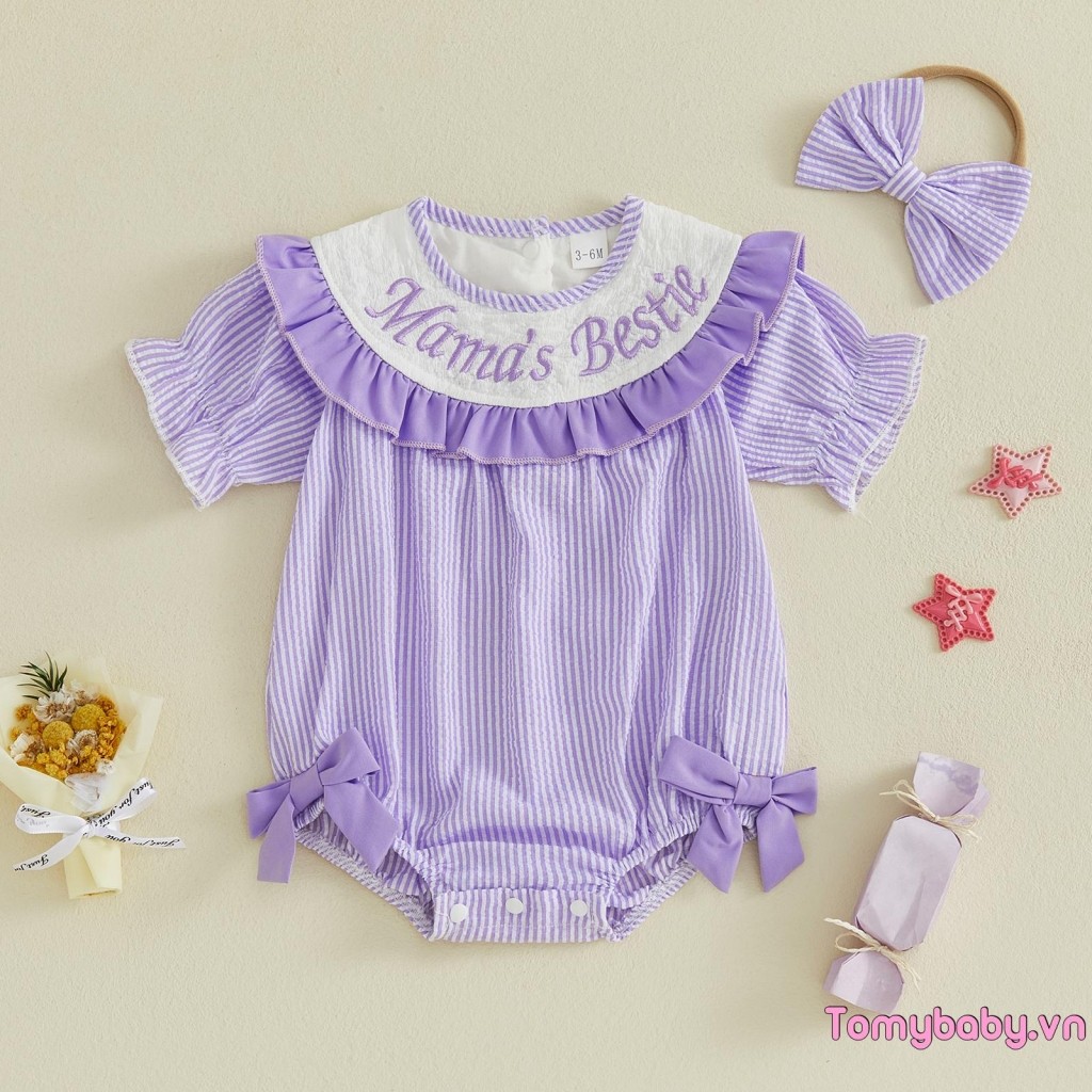 [lpDL] Bộ áo liền quần và băng đô nơ thêu chữ sọc cho bé gái